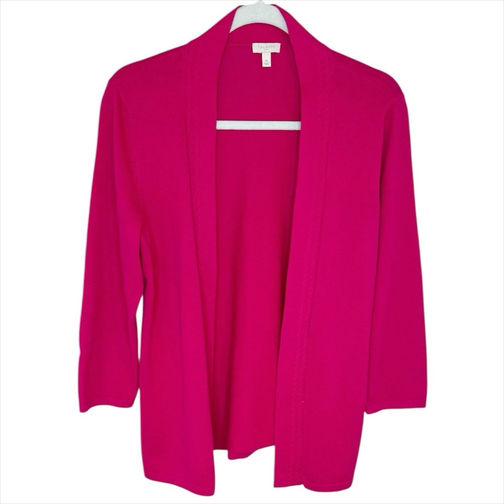 Talbots Open Front Cardigan Sweater Medium‎ 8-10 Bright Pink Shawl Collar Cotton